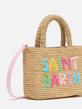 Beach mini raffia bag with multicolor embroidered logo