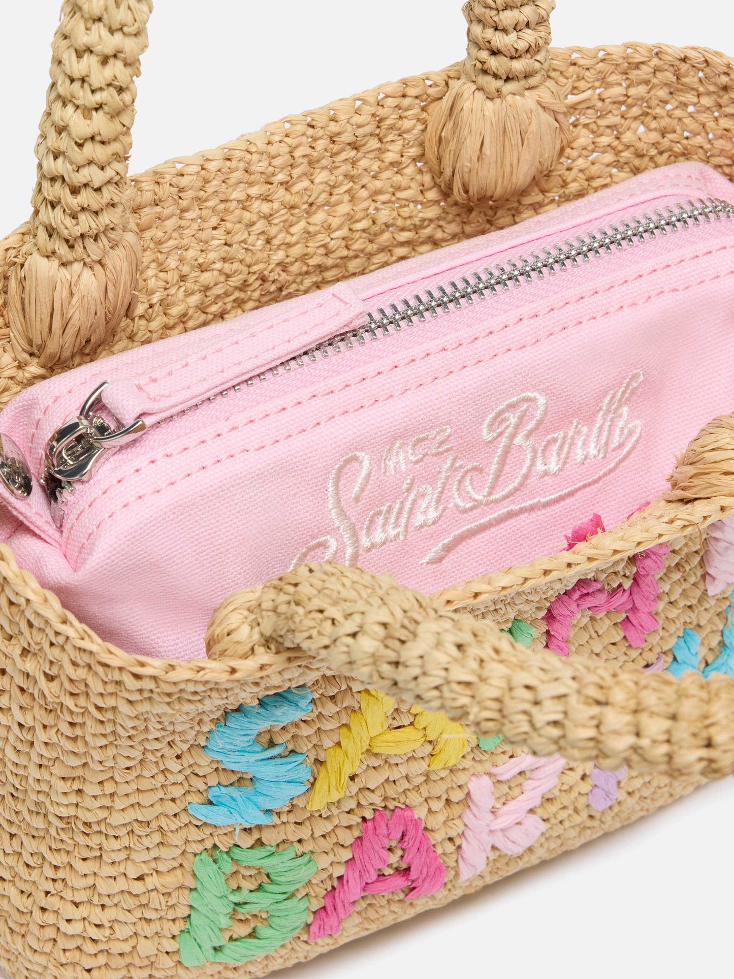 Beige Mini-Strandtasche aus Raffiabast mit Baumwollbeutel