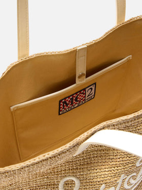 City raffia bag with contrasting ivory embroidered logo