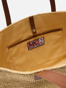 City raffia bag with genuine leather handles and embroidered logo