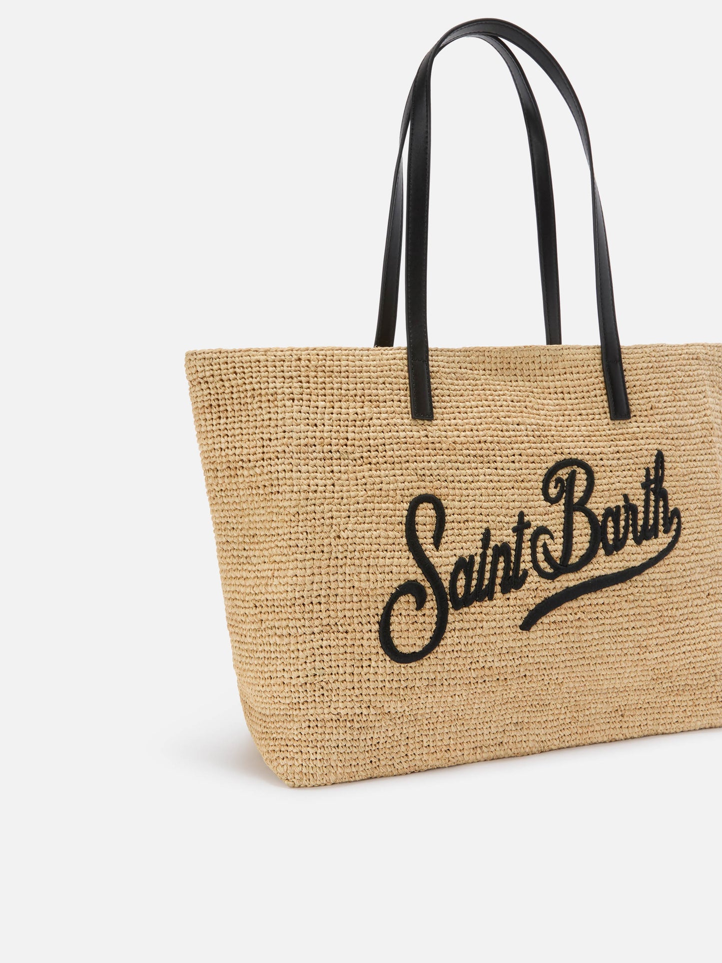 City raffia bag with contrasting black embroidered logo