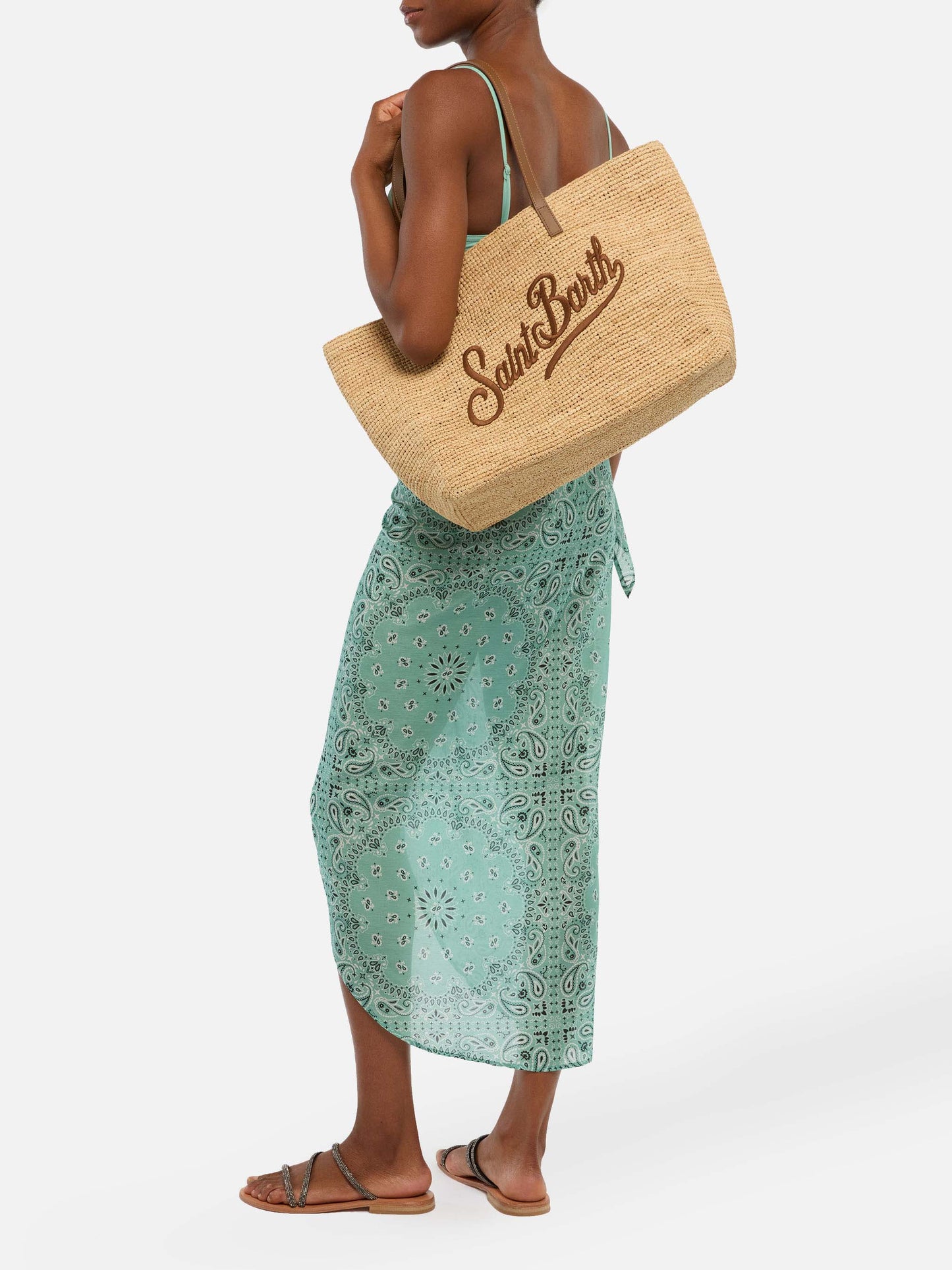 Rafia City Bag con manici in pelle