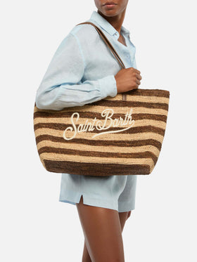 Raffia City Tasche mit braunem Streifenprint