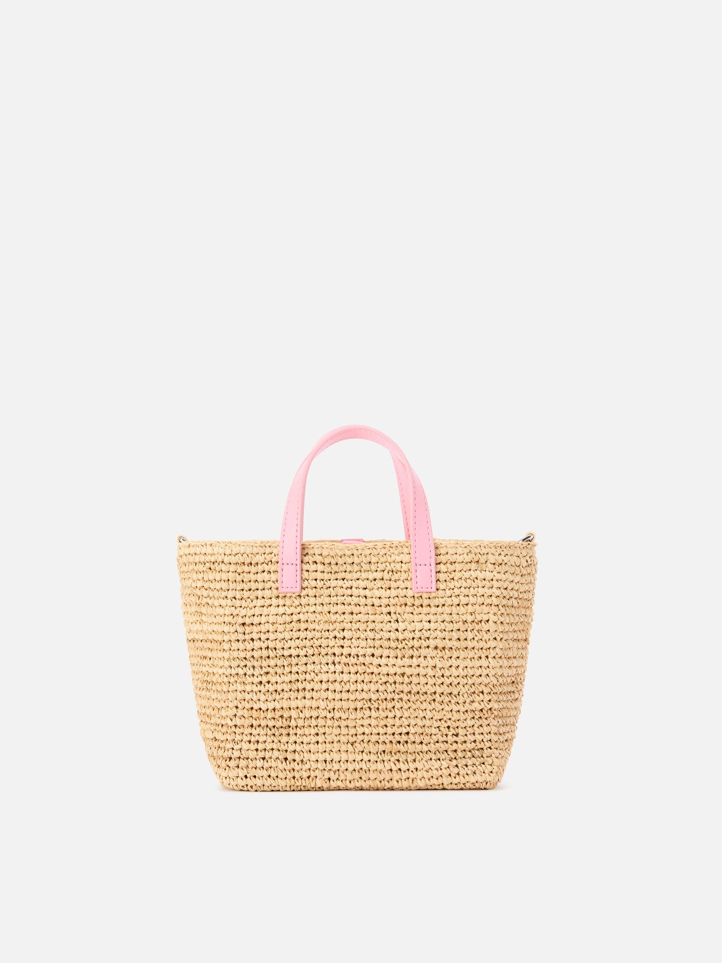 Borsa City mini in raffia con logo rosa ricamato a contrasto