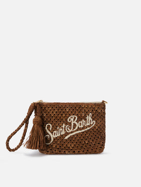 Pochette en raphia marron avec logo brodé 
