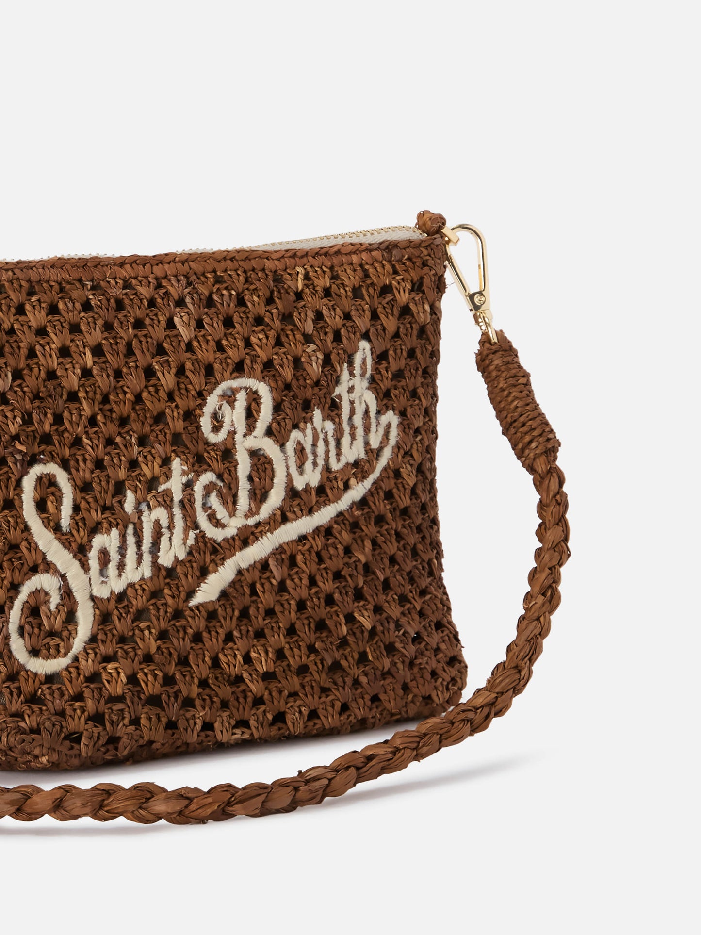 Pochette en raphia marron avec logo brodé 