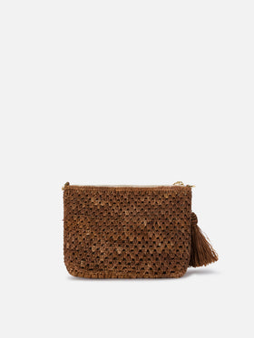 Pochette en raphia marron avec logo brodé 