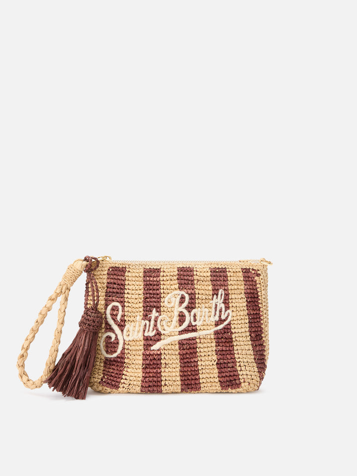 Striped raffia pouch with embroidered logo