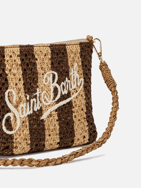 Pochette de rafia a rayas con logotipo bordado 