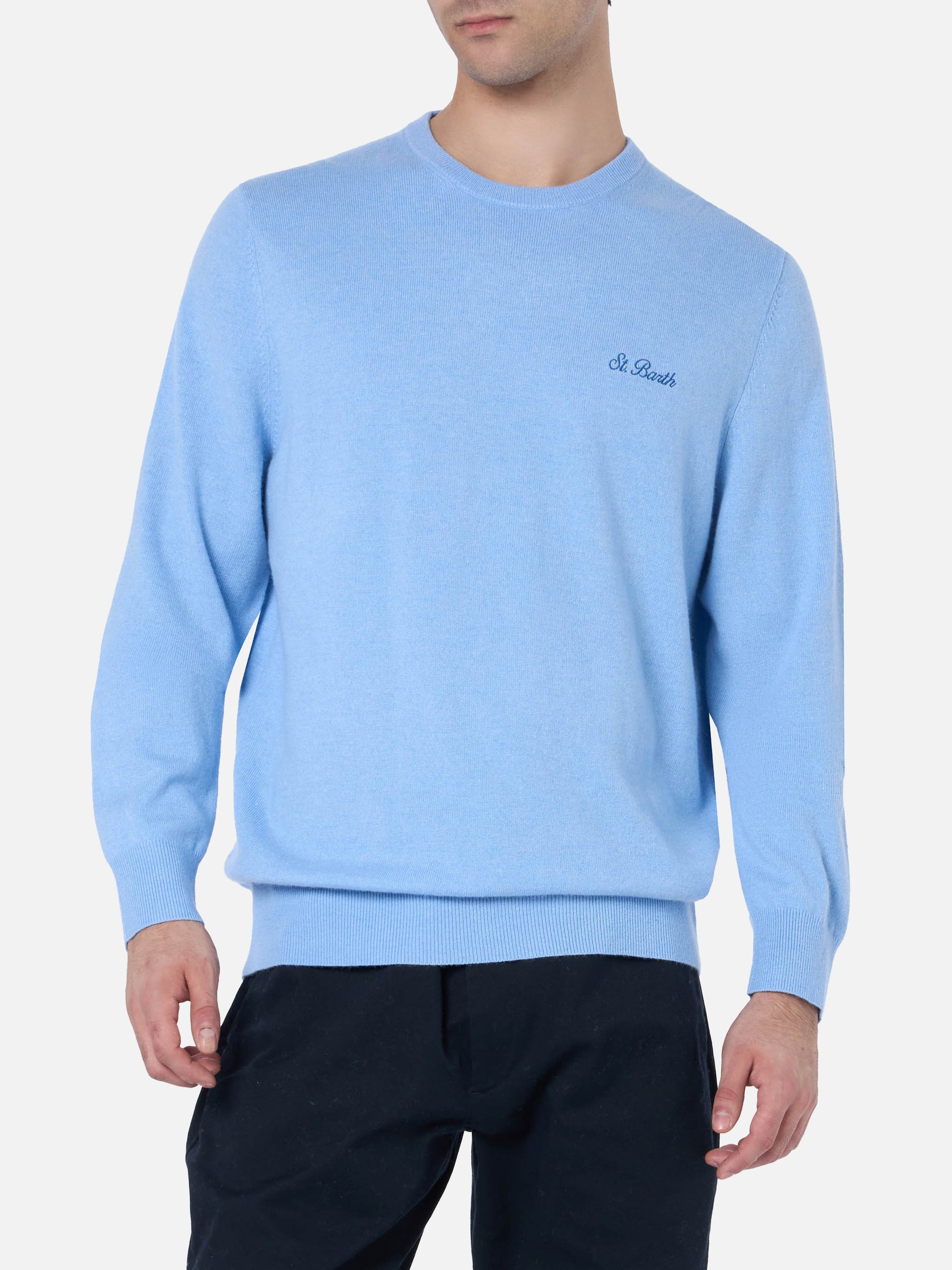 Man light blue blended cashmere crewneck sweater Regent - MC2 Saint Barth