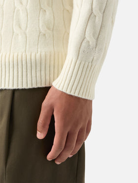 Maglia girocollo Regent bianco panna in lana con lavorazione a trecce