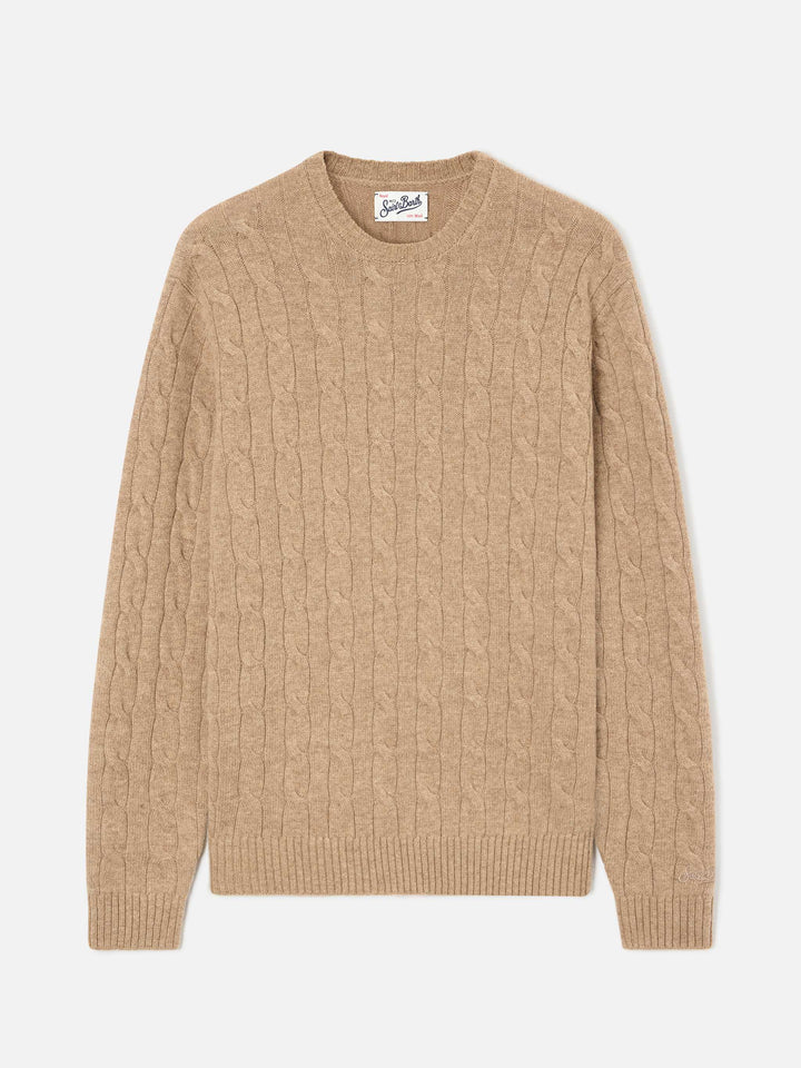 Pull à col rond Regent en laine kaki avec maille torsadée 