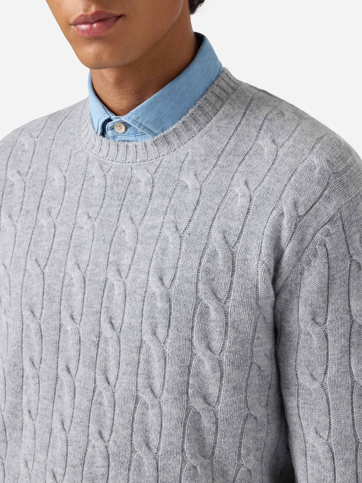 Crewneck cable-knit sweater Regent in grey melange 100% WOOL