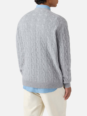 Crewneck cable-knit sweater Regent in grey melange 100% WOOL