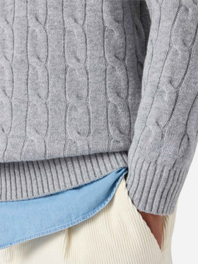 Crewneck cable-knit sweater Regent in grey melange 100% WOOL