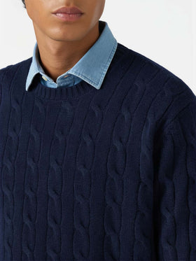 Crewneck cable-knit sweater Regent in 100% navy WOOL