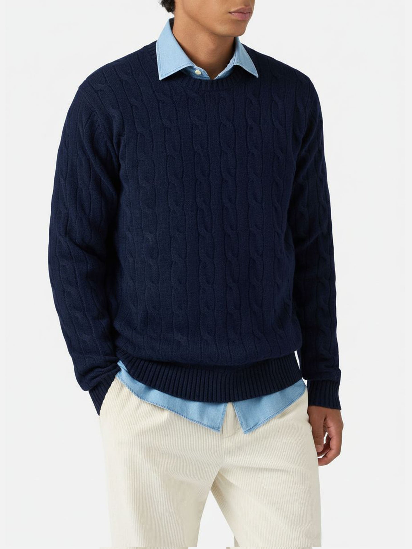 Crewneck cable-knit sweater Regent in 100% navy WOOL