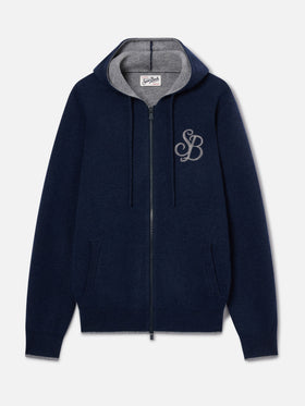 Navy blue Ridge wool hooded knit with SB Legacy monogram