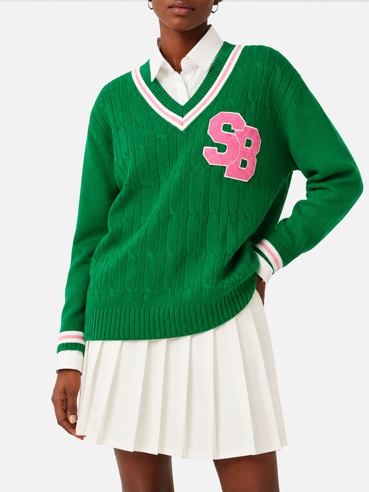 Pull Roger vert tressé à col en V 