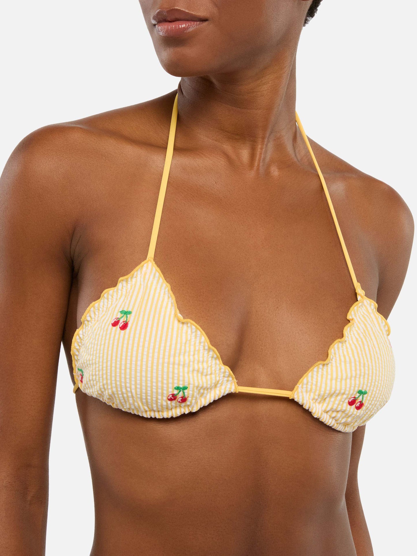 Sagittarius seersucker triangle top with striped print and cherry embroidery