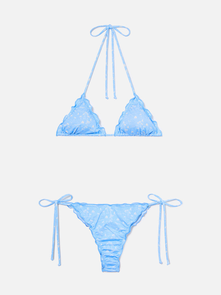 Bikini Sagitami triangle in light blue with all-over micro tropical print