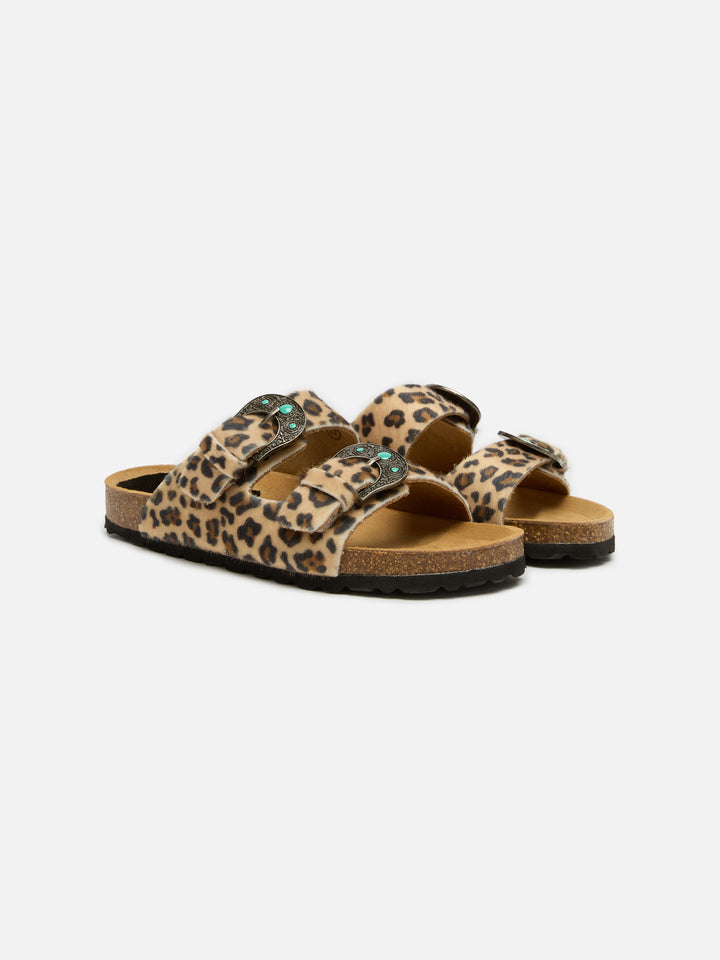 Buckle sandal in leopard-print pony hair | TAJI SPECIAL EDITION