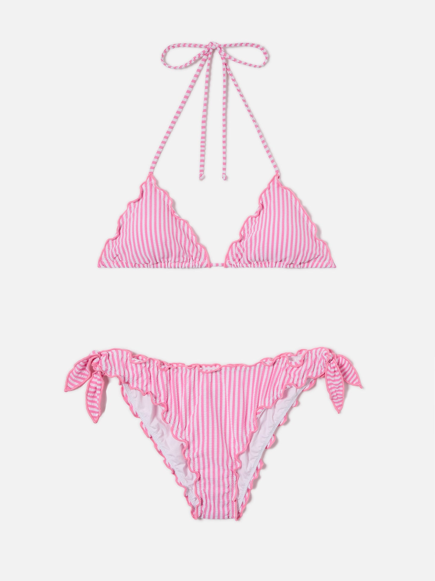 Bikini Sarius de triángulo en seersucker blanco y rosa a rayas 