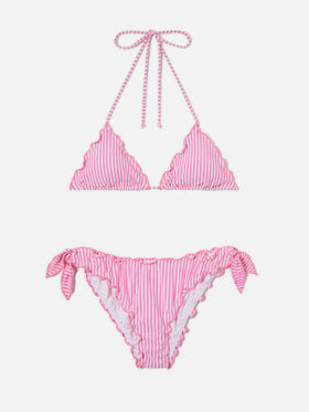 Bikini Sarius de triángulo en seersucker blanco y rosa a rayas 