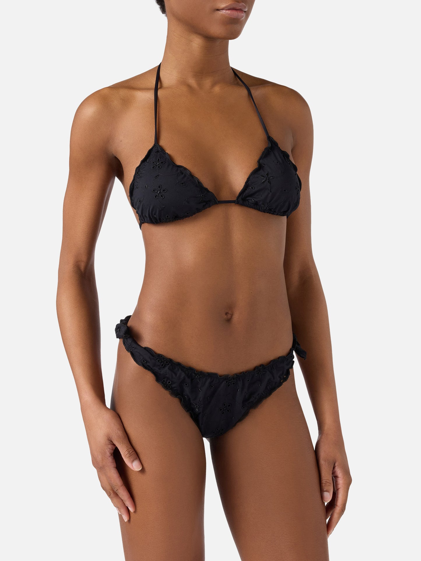Bikini a triangolo Sarius in tessuto sangallo nero