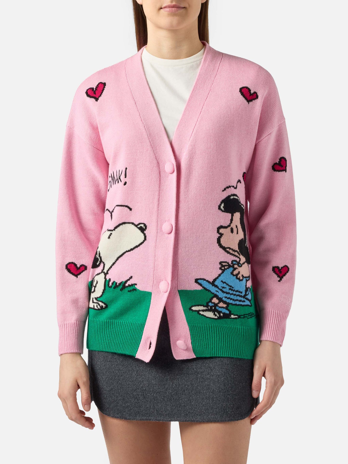 Sasi Strickjacke aus Kaschmir-Mischgewebe in Rosa mit Snoopy-Jacquardmuster | PEANUTS SONDEREDITION