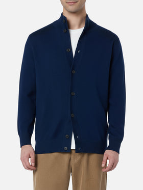 Man blue navy merino wool cardigan Savile