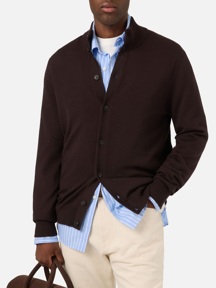 Brown Savile merino wool cardigan with high collar