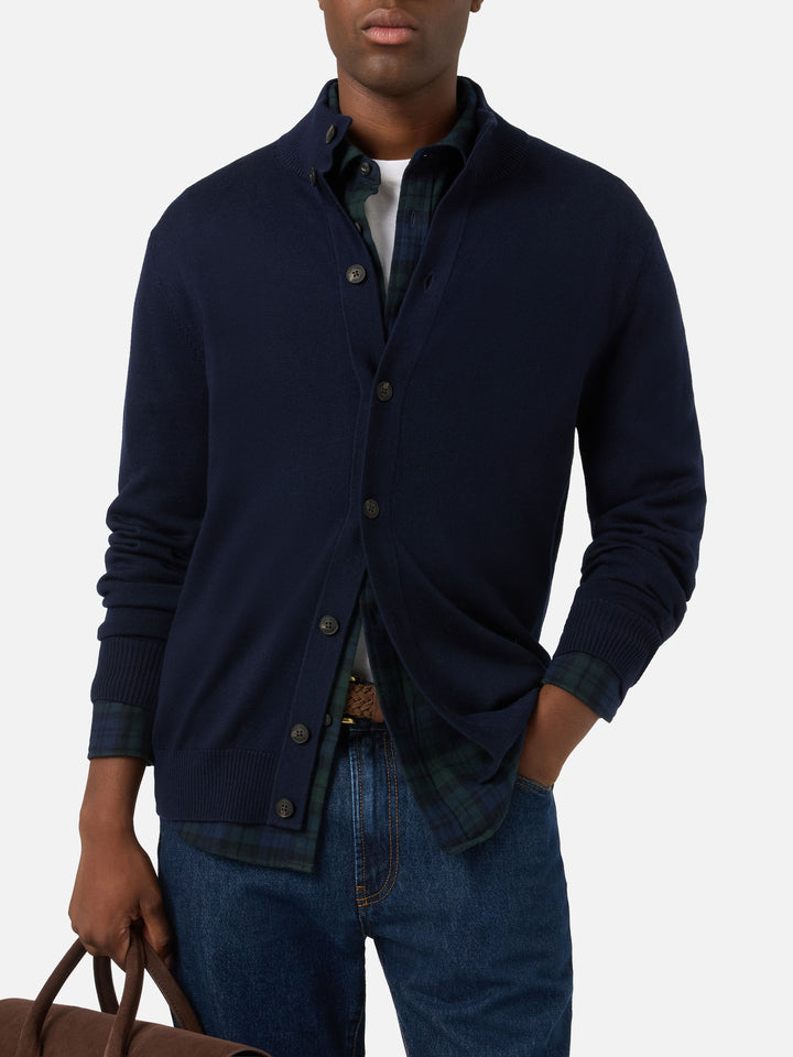 Navy blue Savile merino wool cardigan with high collar