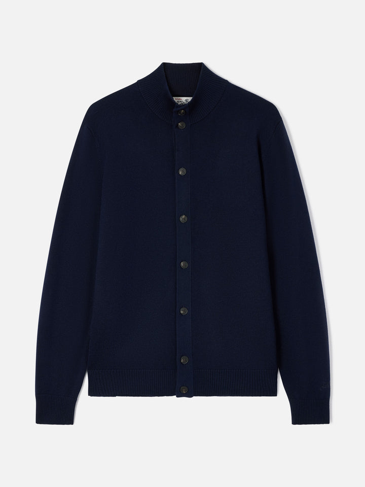 Navy blue Savile merino wool cardigan with high collar