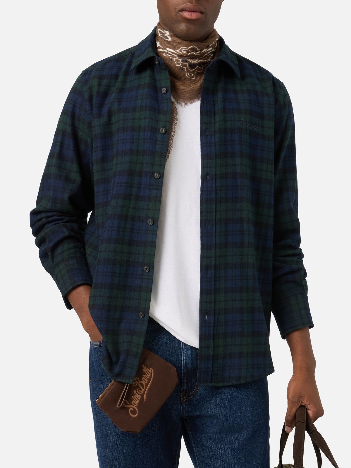 Green Seefeld cotton blend flannel shirt with Bollicine Team embroidery