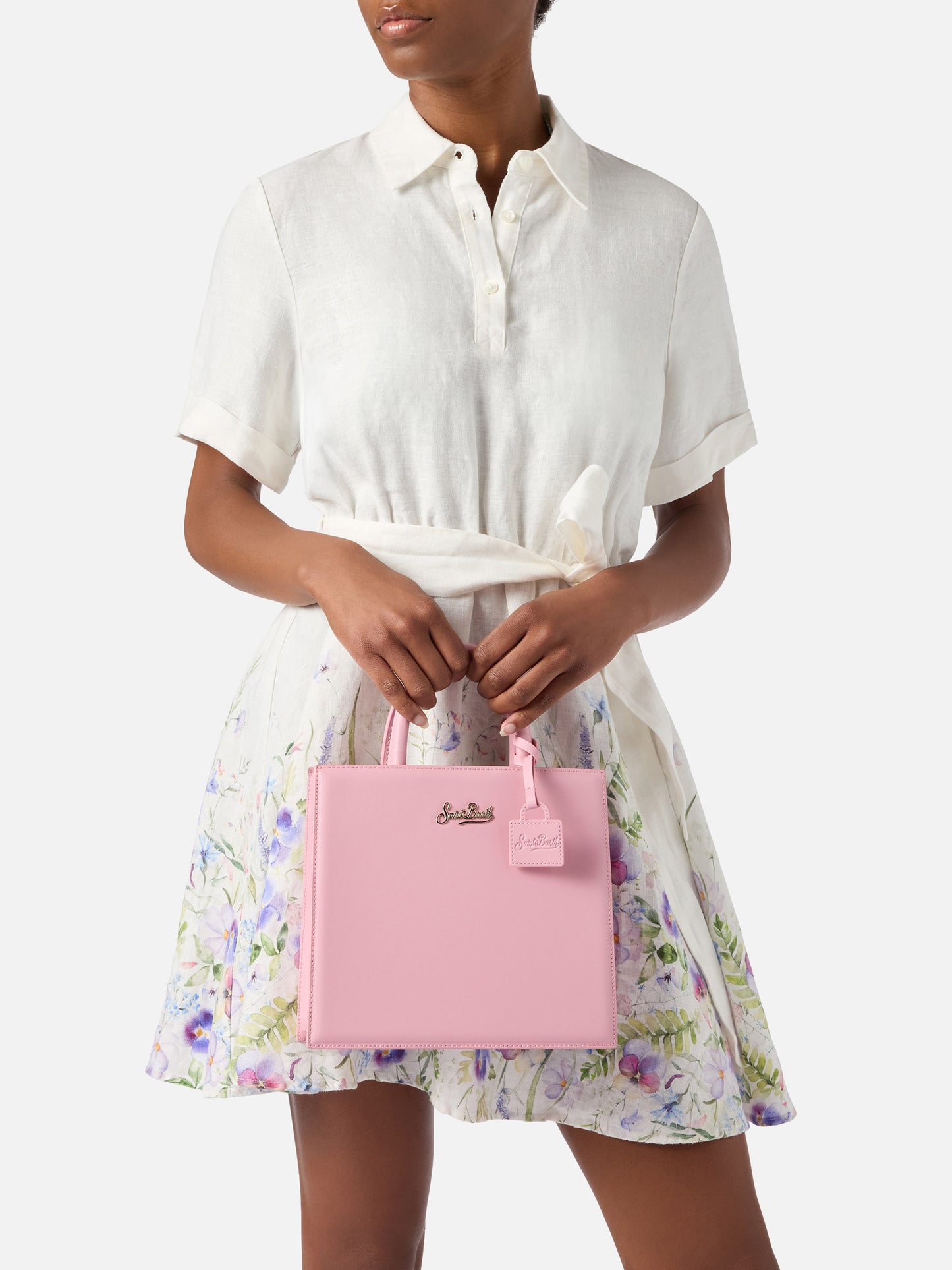 Structured Shop Midi bag in pink smooth leather with metal tag