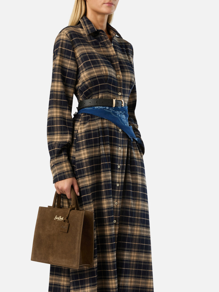 Bolso shopper mediano marrón de ante con logotipo en letras 