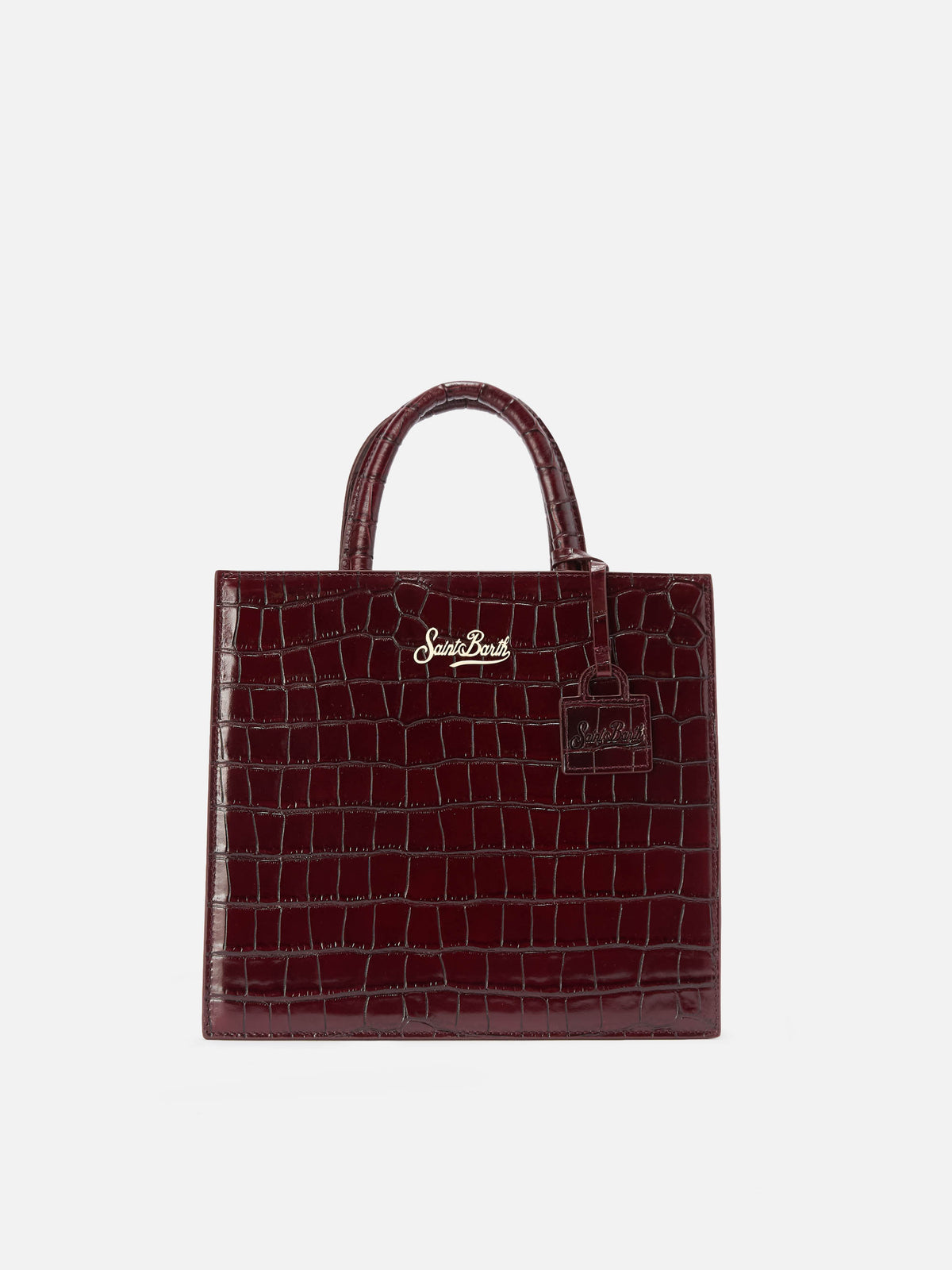Mittelgroße Bordeaux-Shopper-Tasche aus Leder in Kroko-Optik mit Logo-Schriftzug 