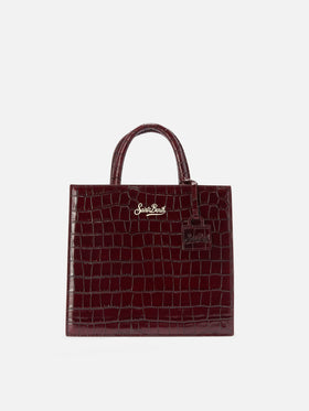 Mittelgroße Bordeaux-Shopper-Tasche aus Leder in Kroko-Optik mit Logo-Schriftzug 
