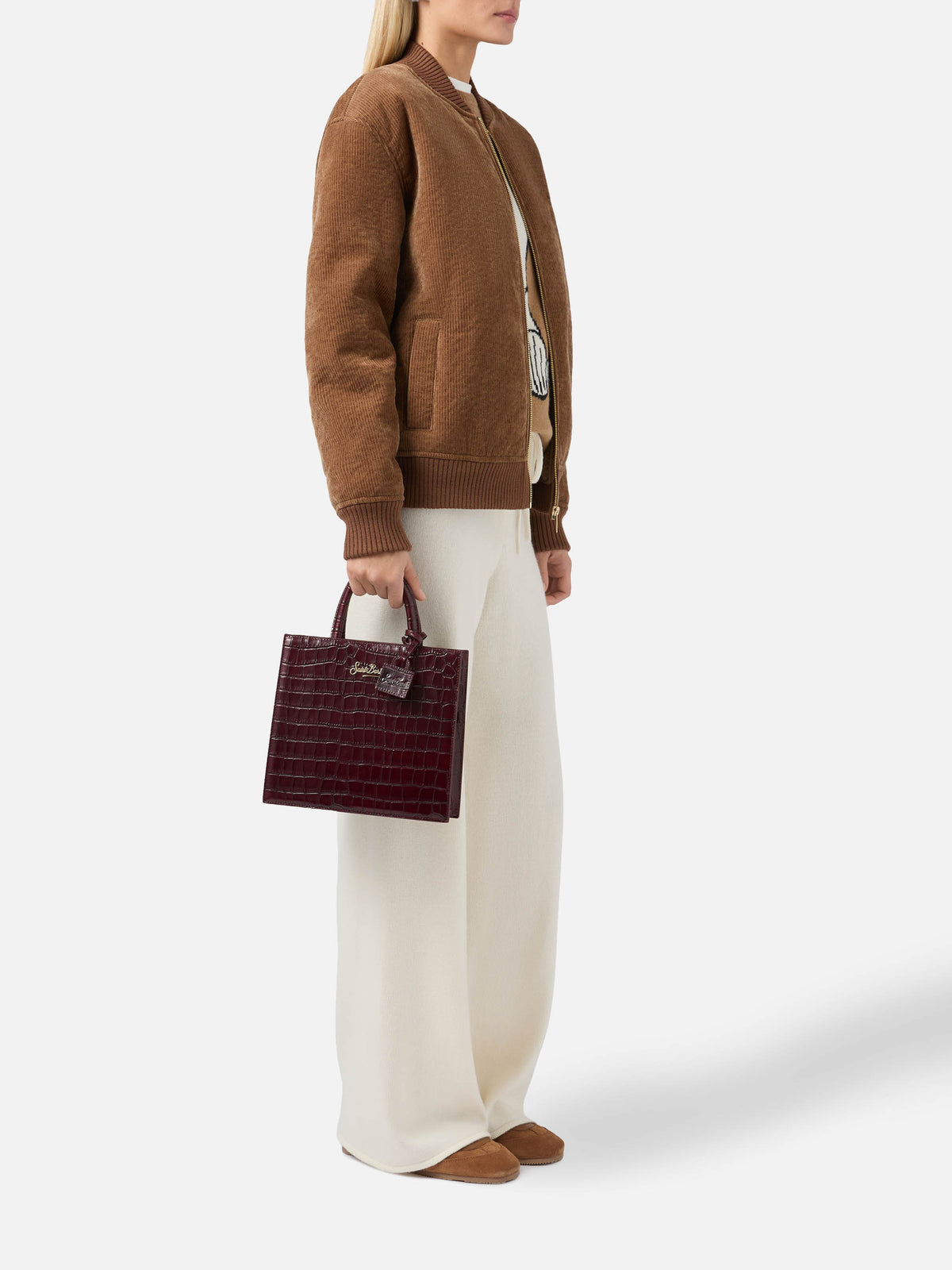 Mittelgroße Bordeaux-Shopper-Tasche aus Leder in Kroko-Optik mit Logo-Schriftzug 
