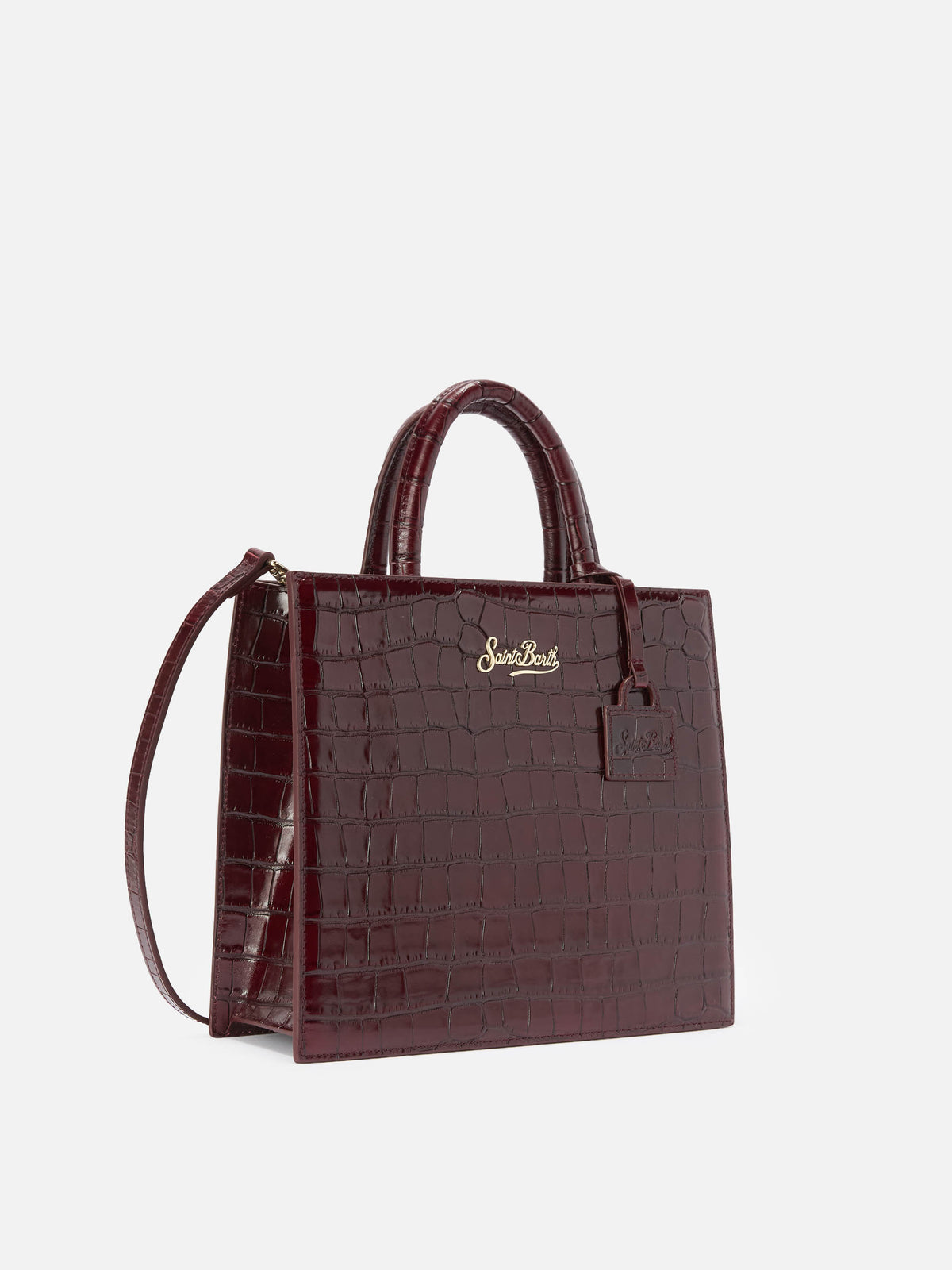 Mittelgroße Bordeaux-Shopper-Tasche aus Leder in Kroko-Optik mit Logo-Schriftzug 