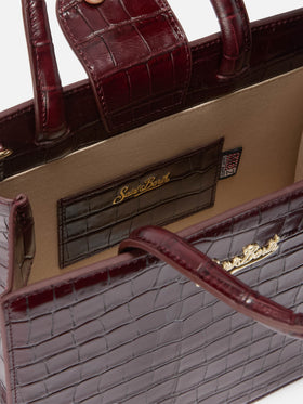 Mittelgroße Bordeaux-Shopper-Tasche aus Leder in Kroko-Optik mit Logo-Schriftzug 