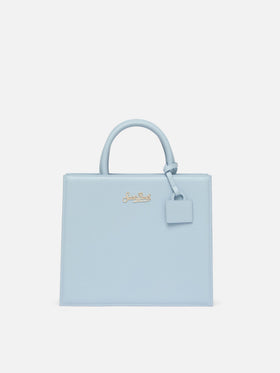Structured Shop Midi bag in light blue smooth leather with metal tag