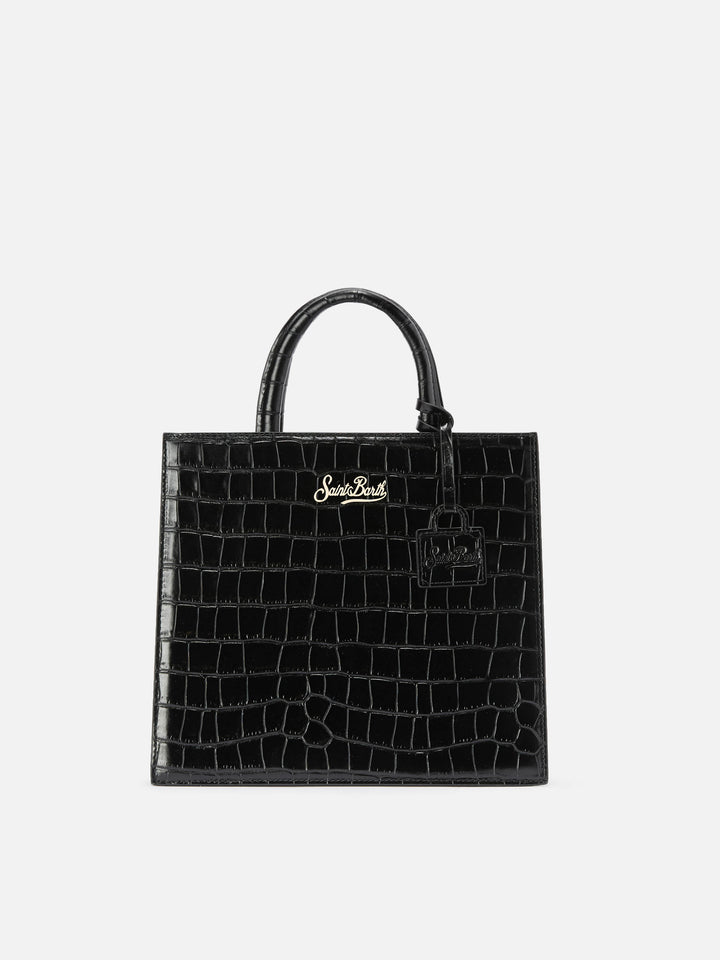 Grand sac shopping Medium noir en cuir imprimé croco avec plaque logo en métal 