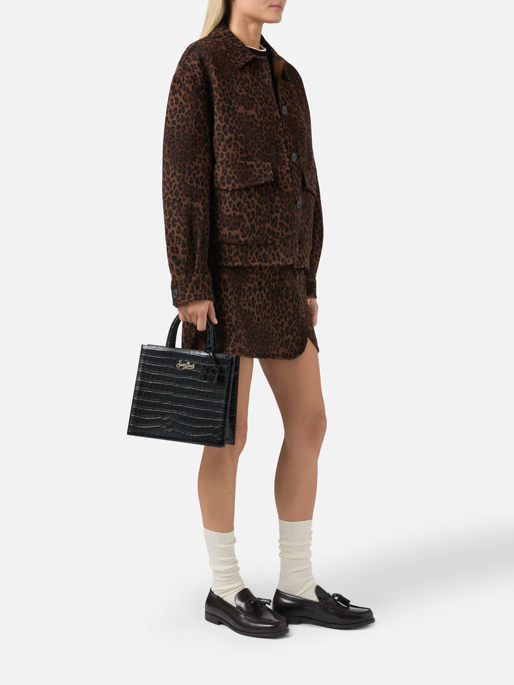 Grand sac shopping Medium noir en cuir imprimé croco avec plaque logo en métal 