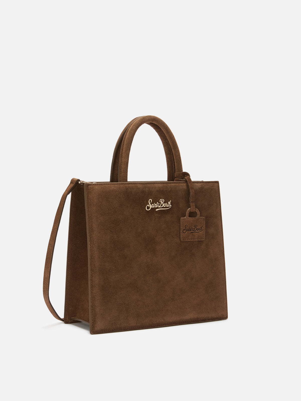 Borsa Medium Shop marrone in camoscio con scritta logo