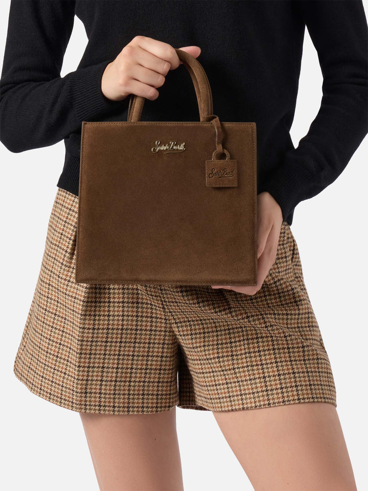 Borsa Medium Shop marrone in camoscio con scritta logo
