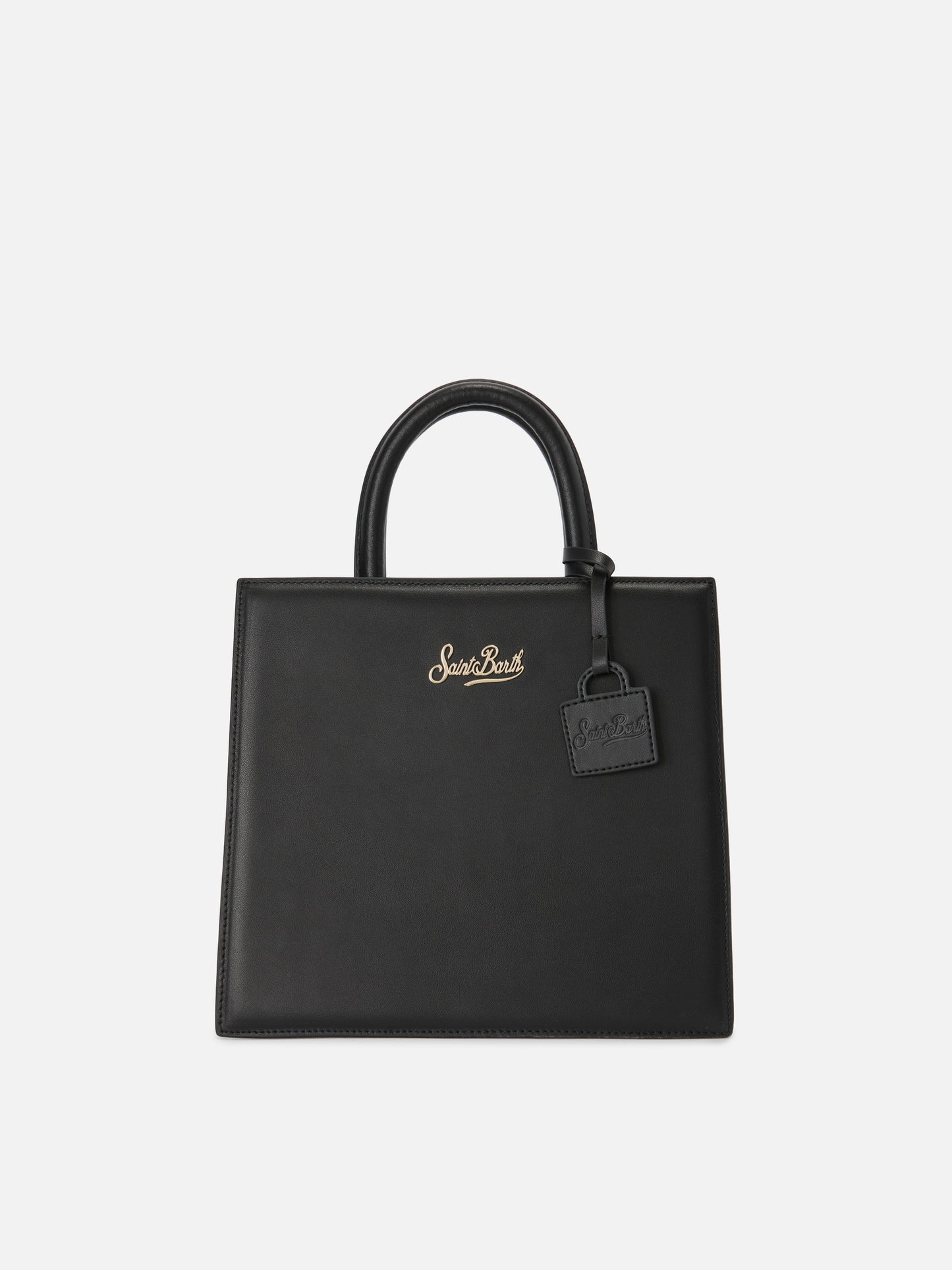 Structured Shop Midi bag in black smooth leather with metal tag