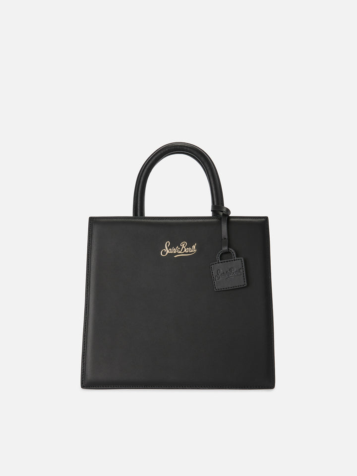 Borsa Shop Midi strutturata in pelle liscia nera con targhetta metallica