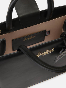 Structured Shop Midi bag in black smooth leather with metal tag